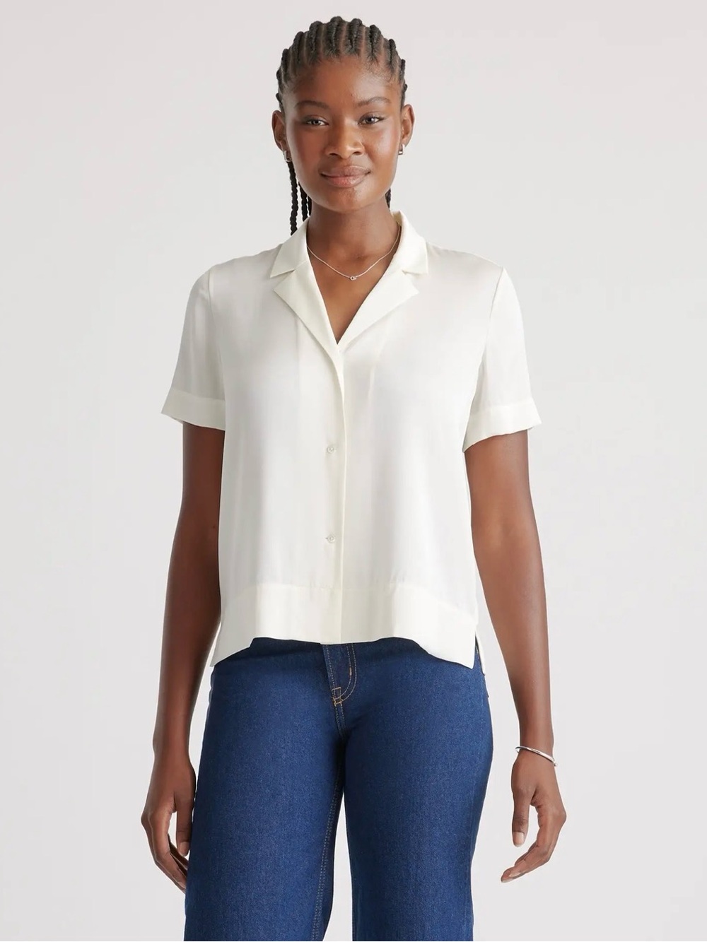 NWT Quince|| Silk Washable Stretch Short Sleeve Notch Collar Blouse Size Large
